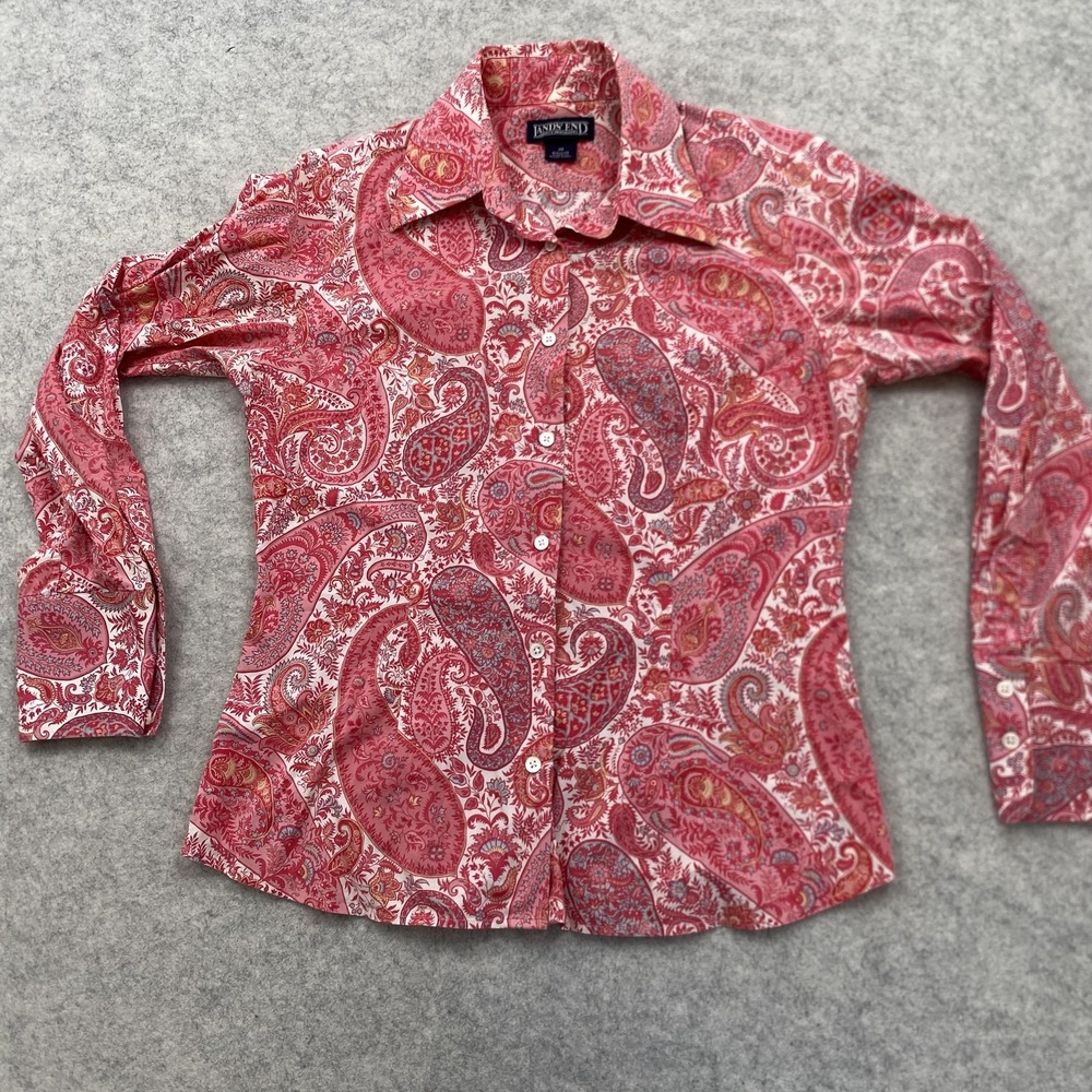 Lands' End Button Up Shirt Womens 10 Pink Paisley Stretch Fitted Long Sleeve Top